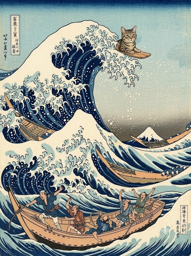Cat surfing the Great Wave