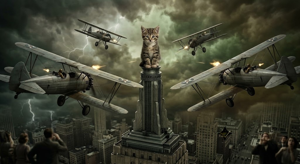 Cat atop a skyscraper with biplanes circling in a storm